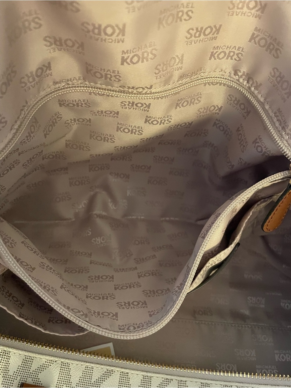 NWT! Michael Kors Jet Set Travel Cream and Tan MK Logo Double Pocket Duffel/Tote - Picture 9 of 11